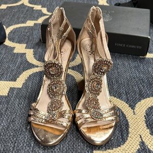 Vince Camuto Rose Gold Jeweled T-Strap wedge Heels